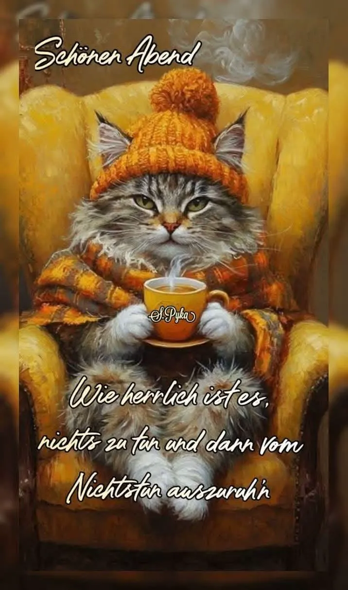 Ein gemütliches Bild eines Katze im Pullover und Mütze, die in einem Sessel sitzt und eine Tasse hält